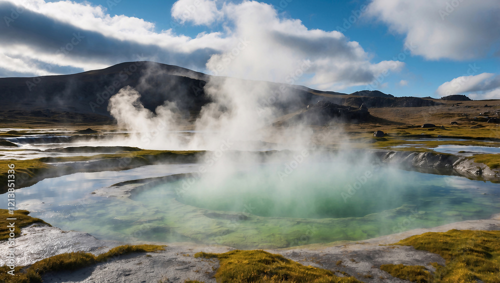 Geothermal Hot Spring with Rising Steam and Mossy Rocks Geothermal Hot Spring with Rising Steam and Mossy Rocks