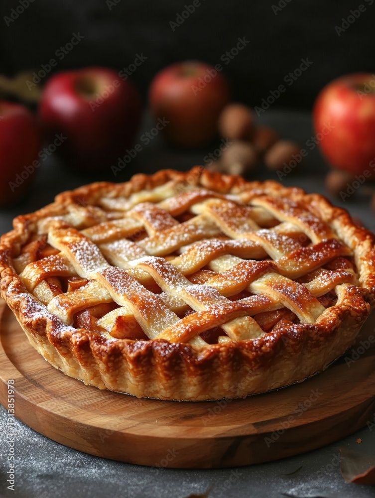 Freshly Baked Apple Pie with Lattice Crust on Wooden Plate Surrounded by Red Apples Freshly Baked Apple Pie with Lattice Crust on Wooden Plate Surrounded by Red Apples