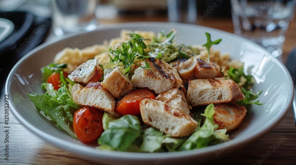 Grilled chicken salad with fresh lettuce tomato and croutons served in a white bowl on wood table Grilled chicken salad with fresh lettuce tomato and croutons served in a white bowl on wood table