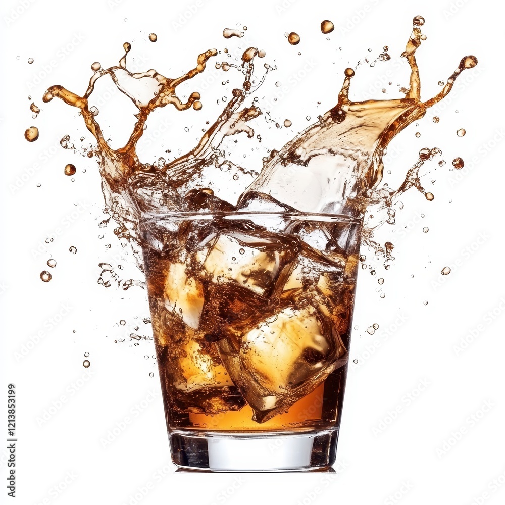 Dynamic Splash of Refreshing Brown Liquid in Iced Glass Dynamic Splash of Refreshing Brown Liquid in Iced Glass