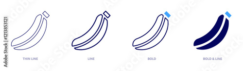Banana icon in 4 different styles. Thin Line, Line, Bold, and Bold Line. Duotone style. Editable stroke