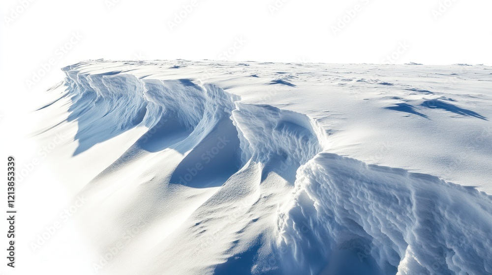 Fototapeta premium A dynamic image of a large, wind-carved snowdrift, showcasing sharp ridges and soft shadows, isolated on a white background
