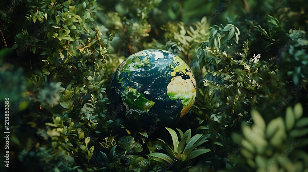 Vibrant globe surrounded by healthy green plants in a natural and sustainable environment Vibrant globe surrounded by healthy green plants in a natural and sustainable environment