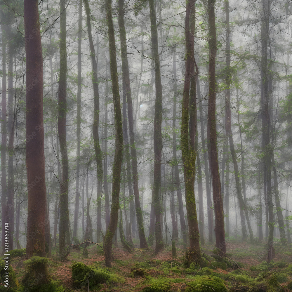 Fototapeta premium A dense forest enveloped in heavy fog creates a mysterious and tranquil scene, with sunlight faintly filtering through the towering trees.