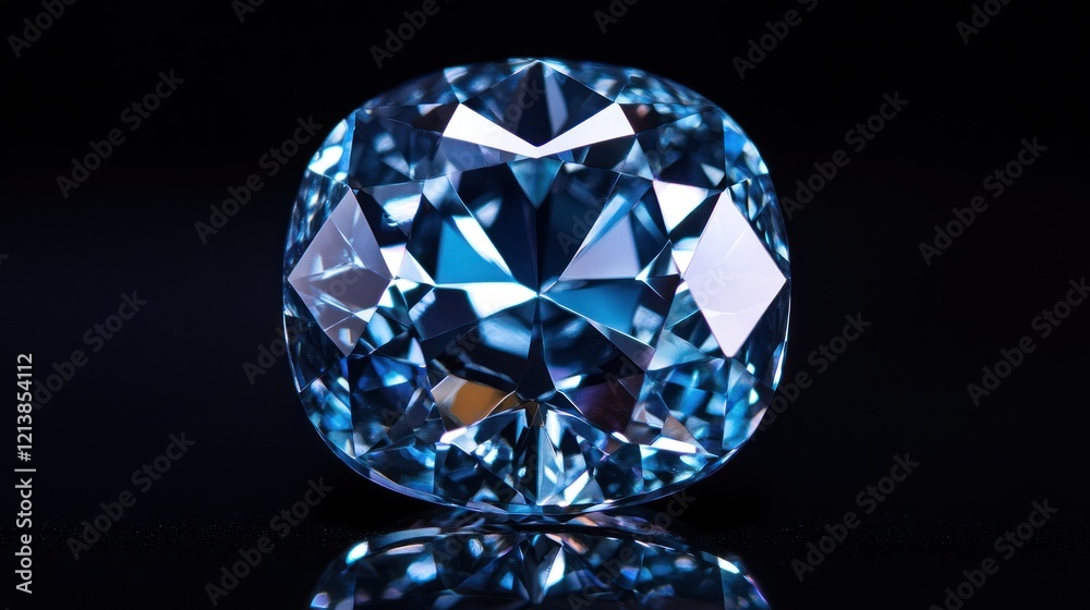 A highly detailed blue diamond with sharp facets and deep reflections, surrounded by a soft halo of light on a sleek black background. A highly detailed blue diamond with sharp facets and deep reflections, surrounded by a soft halo of light on a sleek black background.
