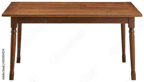 A beautifully crafted wooden table, showing off its rich grain and texture, is set against a clean, minimalist white backdrop