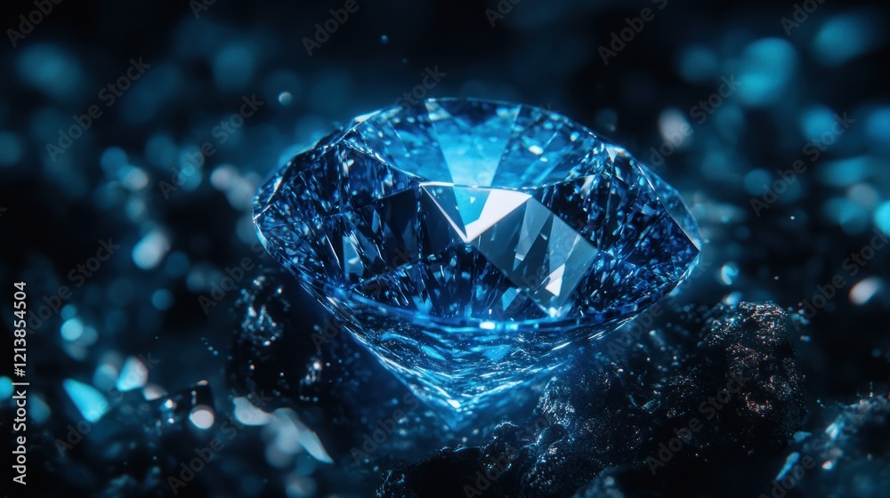 Obraz premium A high-resolution image of a massive blue diamond with sharp details, glowing with a soft aura of light on a bold black backdrop