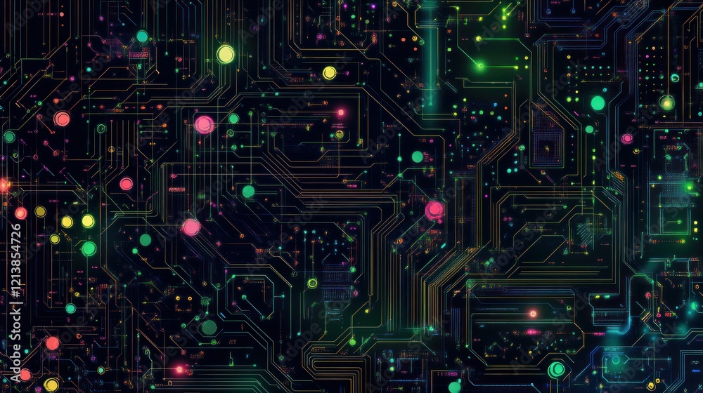 A high-resolution image of interconnected circuit lines, glowing dots, and abstract technology-inspired patterns on a dark background.