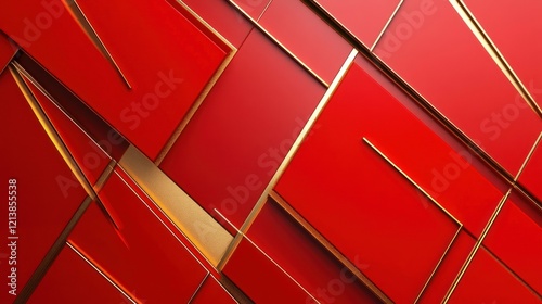 A luxurious abstract composition with golden geometric lines intersecting vibrant red backgrounds, creating a sophisticated and dynamic visual.