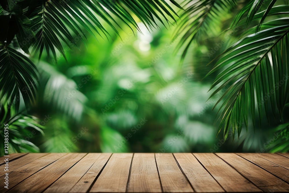 Tropical Wooden Tabletop, Jungle Background, Product Display Tropical Wooden Tabletop, Jungle Background, Product Display