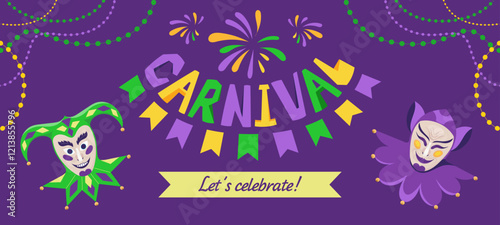Wallpaper Mural Festive carnival horizontal banner with hand drawn lettering and traditional jesters mask. Amazing vector templates that capture the spirit of holiday. Design for print, party invitation, event flyer Torontodigital.ca