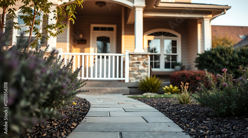 Captivating Home Exterior:Landscaped Pathway to the Entrance. A perfect blend of architecture and nature. Ideal for real estate and home design websites.