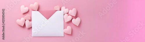 Pink love letter envelope decorated with paper heart shapes on textured pink background, romantic Valentine's Day or anniversary greeting card concept photo