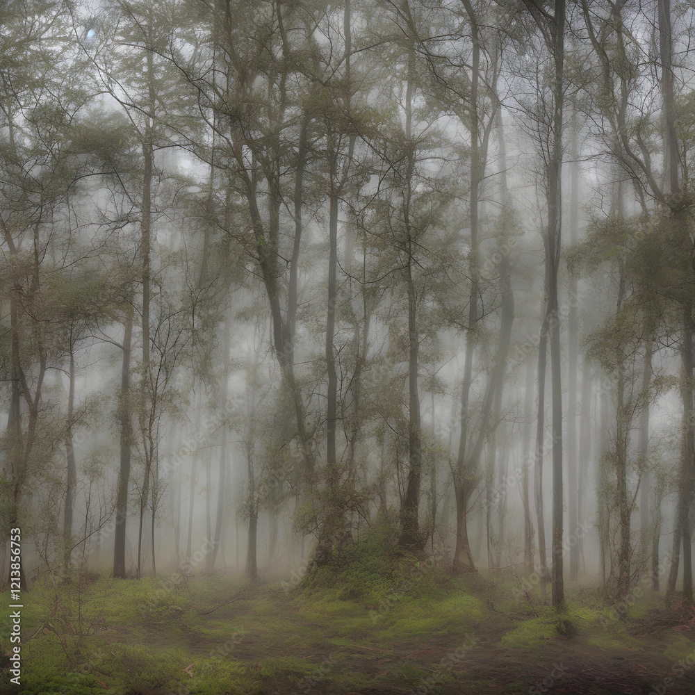 A dense forest enveloped in heavy fog creates a mysterious and tranquil scene, with sunlight faintly filtering through the towering trees. A dense forest enveloped in heavy fog creates a mysterious and tranquil scene, with sunlight faintly filtering through the towering trees.