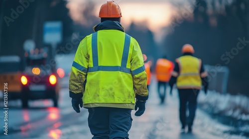 Construction worker in bright yellow safety vest and hard hat walks away. Illustrates road safety, construction site, or industrial work. photo