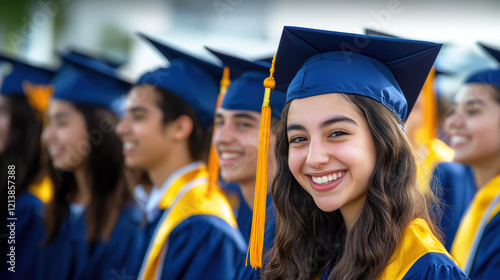 A group of high school students in graduation caps and gowns celebrating mid-year achievements, with smiles and a sense of accomplishment.