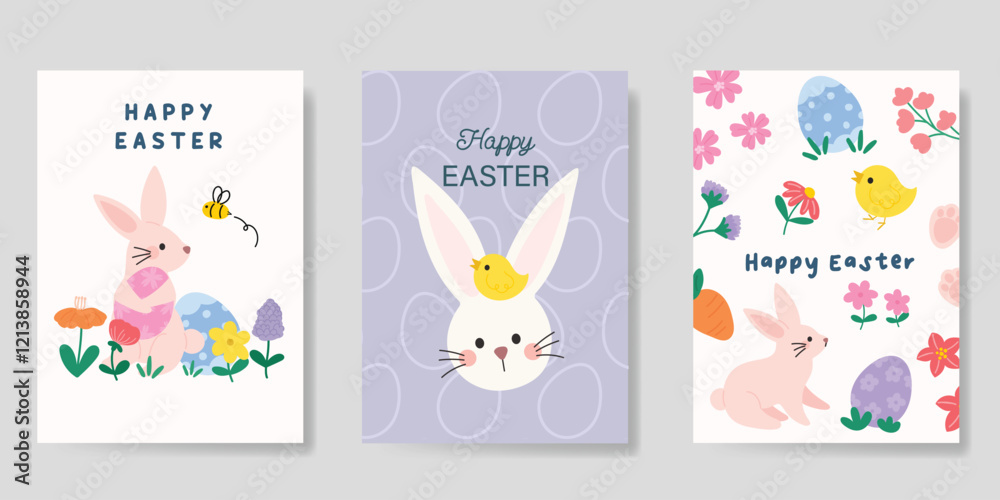 Happy Easter card vector set. Hand drawn playful cute decorate with easter eggs, flowers, chick, rabbit. Collection of adorable doodle design for decorative, cover, poster, kids. Happy Easter card vector set. Hand drawn playful cute decorate with easter eggs, flowers, chick, rabbit. Collection of adorable doodle design for decorative, cover, poster, kids.