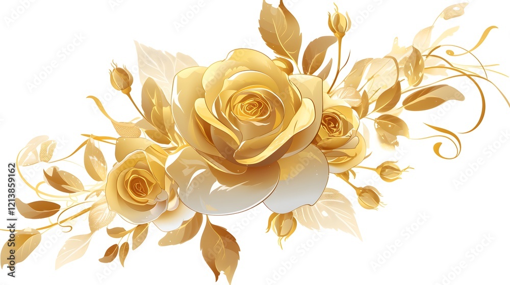 Gold rose illustration on transparent background, ideal for romantic or elegant themes