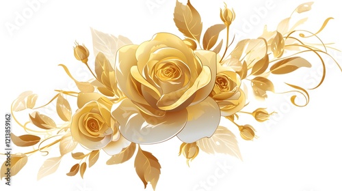 Gold rose illustration on transparent background, ideal for romantic or elegant themes
