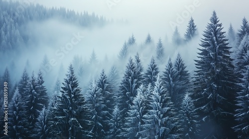Majestic winter wonderland, fog rolling over snow covered pine trees