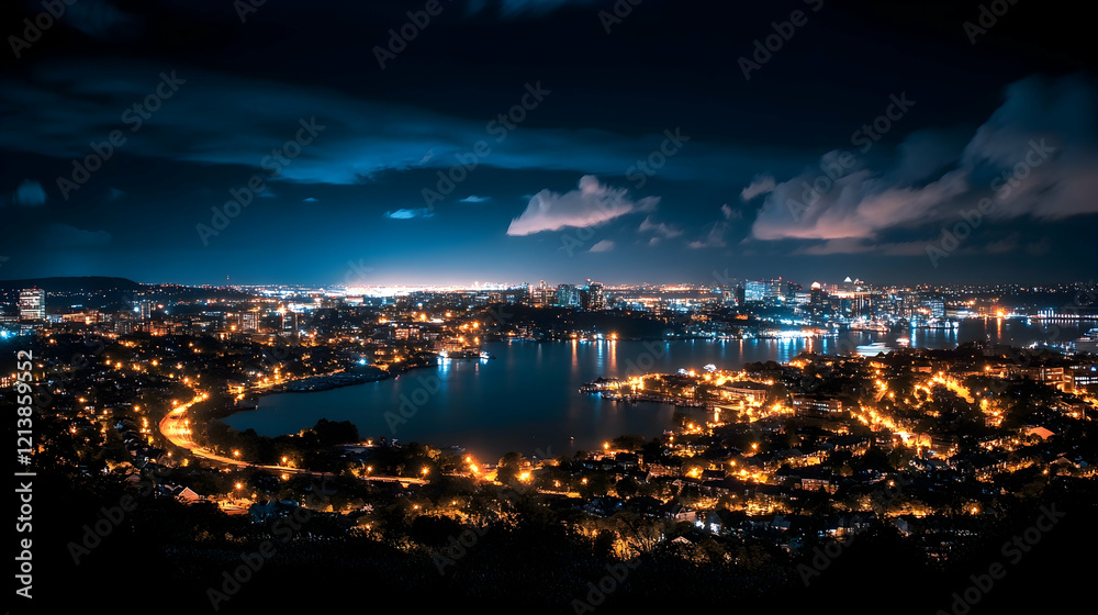 Fototapeta premium Night city skyline, harbor lights, coastal landscape, panoramic view