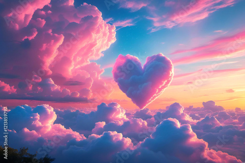 beautiful colorful valentine day heart in the clouds as abstract background, made with generative ai