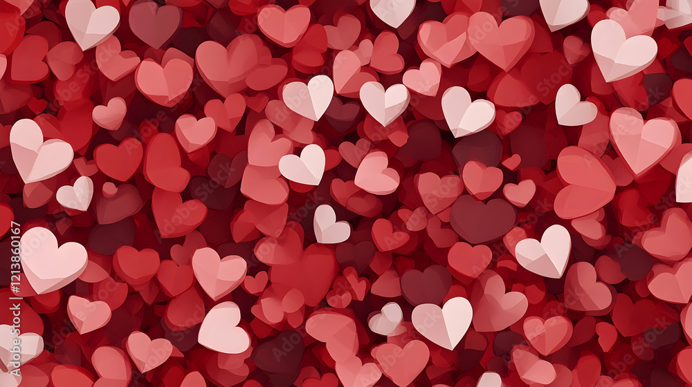 Red and white hearts background; Valentine's Day, love, romance; digital art, website, card design