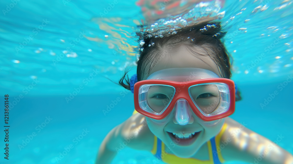 Fototapeta premium Asian child swimming underwater with red goggles in clear blue pool