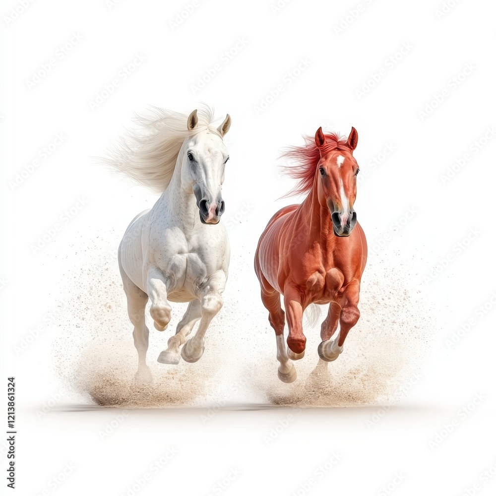 Fototapeta premium Dynamic Duo of Running Horses Against White Background