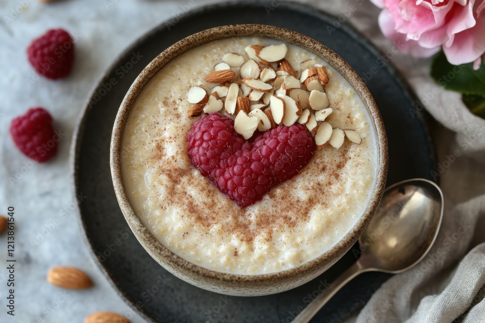 Healthy Valentine's Day Breakfast: Heart-Shaped Amaranth Porridge with Almond Toppings and Cinnamon Dusting. Generative Ai Healthy Valentine's Day Breakfast: Heart-Shaped Amaranth Porridge with Almond Toppings and Cinnamon Dusting. Generative Ai