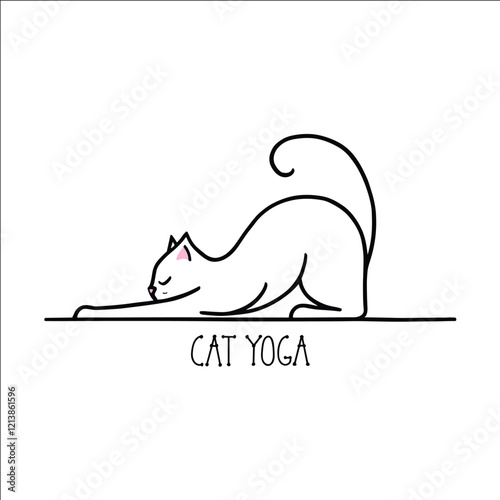 A cat is doing yoga on a white background. The cat is stretching and bending its body. The background is white and the cat is the main focus of the image