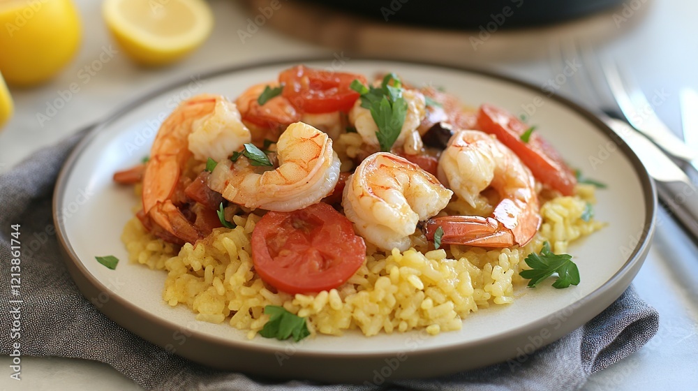 Saut?ed shrimp and tomato over saffron rice. Saut?ed shrimp and tomato over saffron rice.