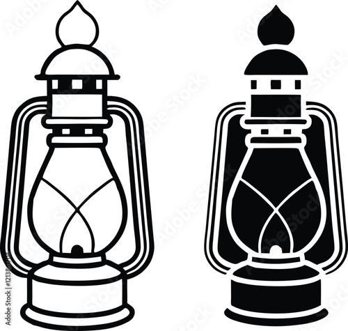 Classic Oil Lanterns Vintage Lighting, Black and White Illustrations
