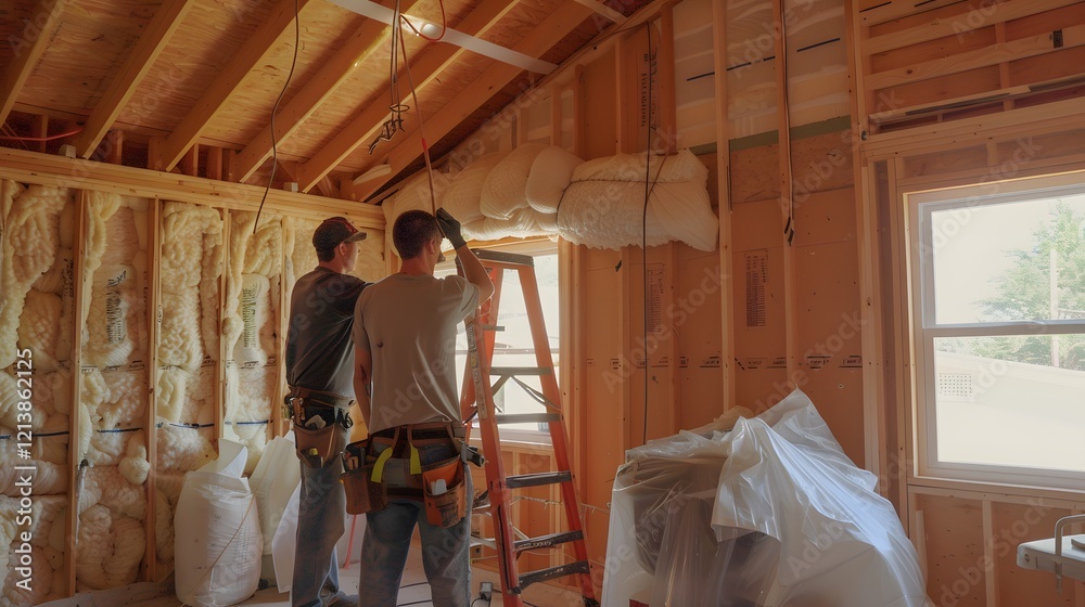 Construction Workers Installing Insulation in a New Home Construction Workers Installing Insulation in a New Home