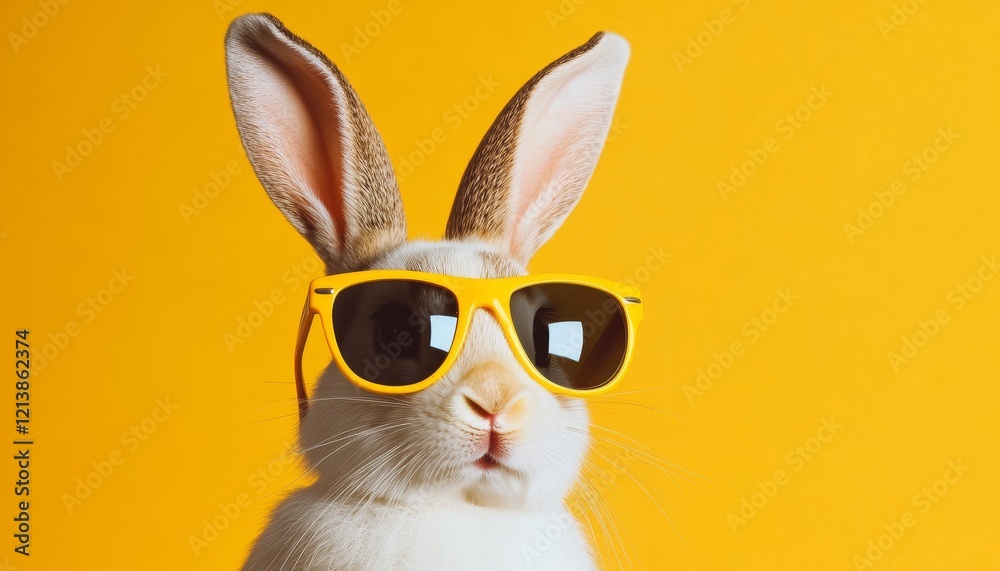 Fototapeta premium Stylish Rabbit Posing on Yellow Cool Bunny with Yellow Sunglasses, Summer Fun Concept