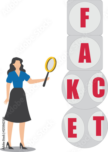 Analyze fake or fact, fact or fake concept, Misinformation spread by the tricks of brains, businesswoman analyzes the cube with the words fact and fake using a magnifying glass