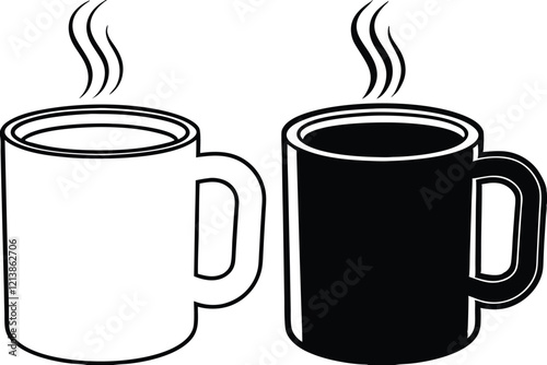 Two Hot Coffee Mugs, White and Black, Simple Design, Beverage Icons