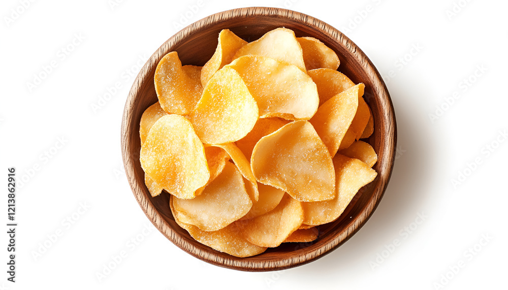 Tasty coconut chips in wooden bowl isolated on white, top view Tasty coconut chips in wooden bowl isolated on white, top view