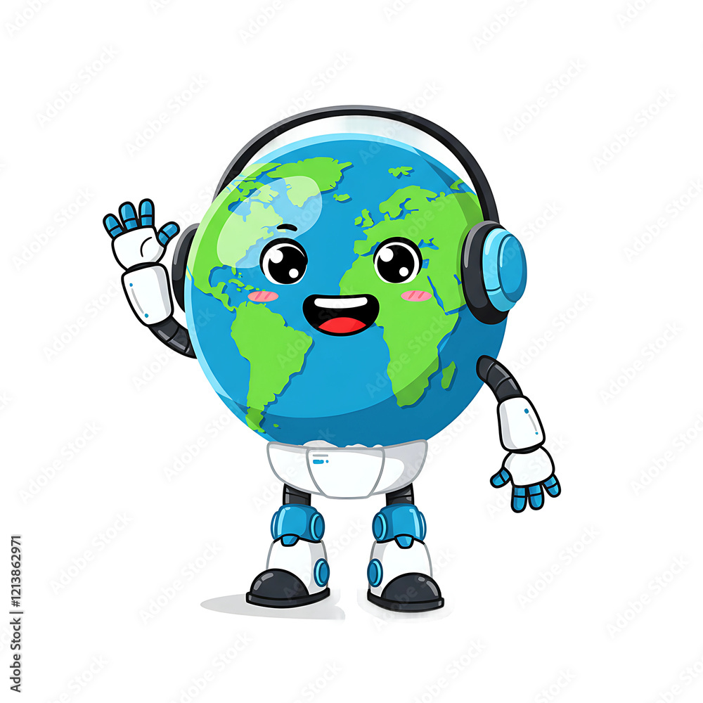 Obraz premium Robotic Earth Character Waving Cheerfully 