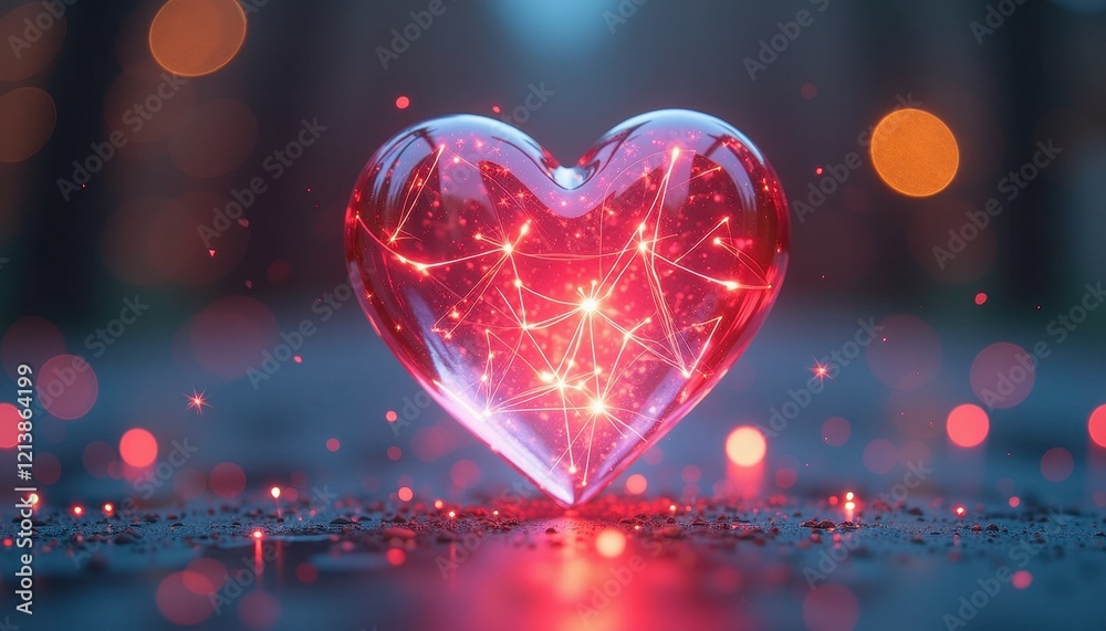 Vibrant Heart-Shaped Glass Object with Starry Radiance on Blurred Background Vibrant Heart-Shaped Glass Object with Starry Radiance on Blurred Background