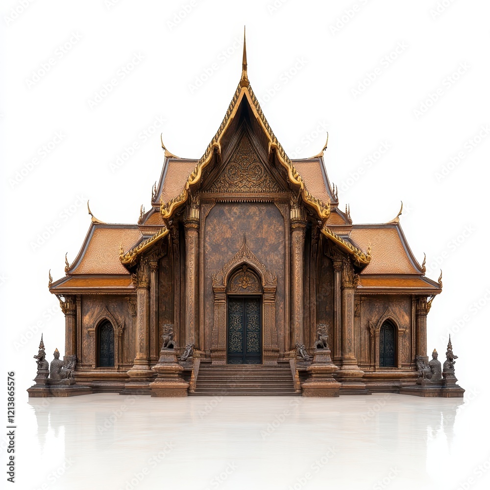 Majestic Wooden Temple with Intricate Golden Details Against White Background Majestic Wooden Temple with Intricate Golden Details Against White Background