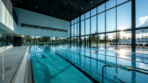 Olympic swimming pool. Bright Interior swimming pool, stadium, event, indoor. Brightly lit, fresh water.	