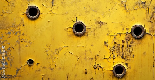 Bullet holes in a yellow metal sheet, grunge background photo