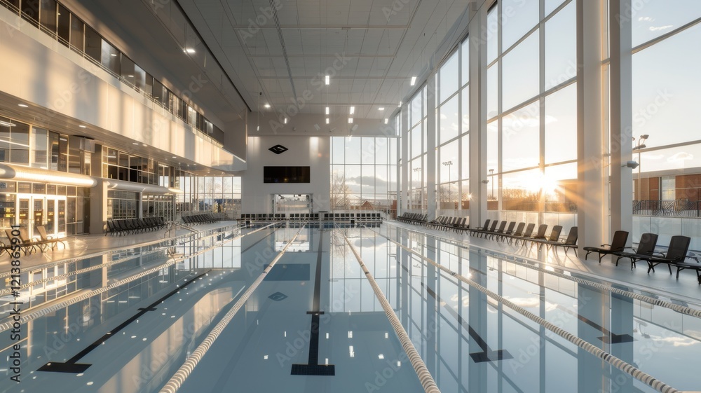Fototapeta premium Olympic swimming pool. Bright Interior swimming pool, stadium, event, indoor. Brightly lit, fresh water.
