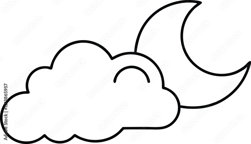 Night Sky, Crescent Moon, Cloud, Simple Line Art, Weather, Cartoon, Cute, Drawing, Illustration, Pea Night Sky, Crescent Moon, Cloud, Simple Line Art, Weather, Cartoon, Cute, Drawing, Illustration, Pea