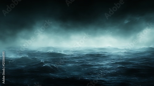 Dark stormy ocean waves under a foggy sky