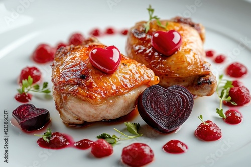 Gourmet Dinner for Valentine's Day: Delectable Baked Chicken Thighs with Beetroot Hearts and Festive Pink Sauce on a Stylish White Plate. Generative Ai