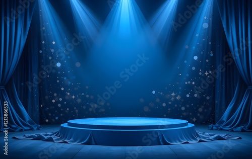 A dark blue podium designed as a multipurpose product platform, ideal for presentations, minimal display setups, and abstract light show effects enhanced by vibrant neon spotlights.