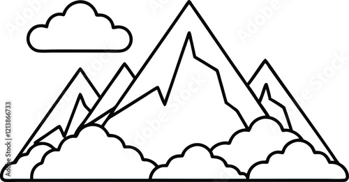 Simple Line Drawing of Majestic Mountain Peak and Clouds