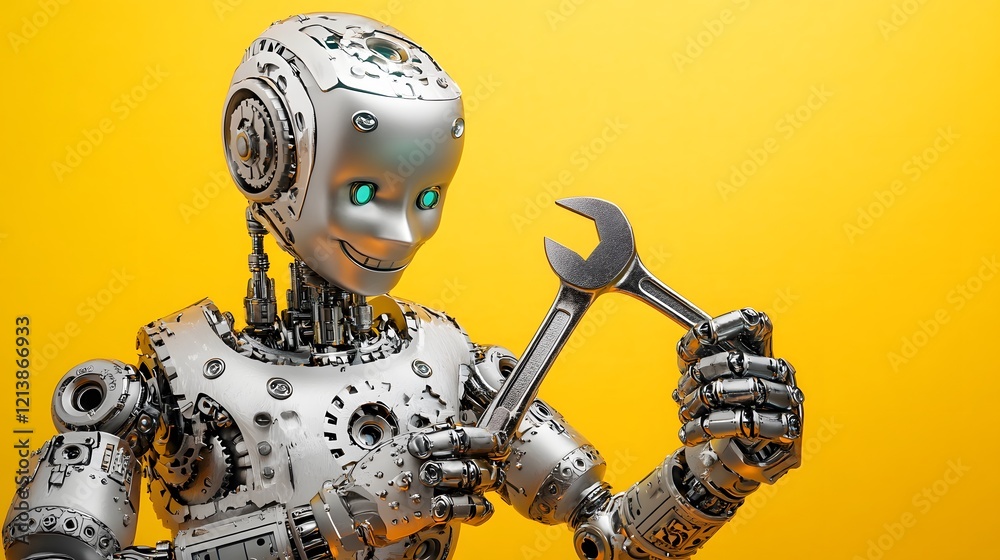 Fototapeta premium A Robotic Figure Holds A Wrench Against A Yellow Background